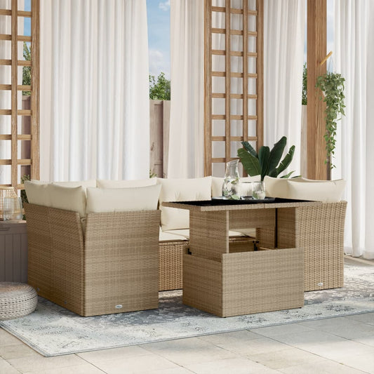 Set Divani da Giardino 7 pz con Cuscini Beige in Polyrattan - homemem39