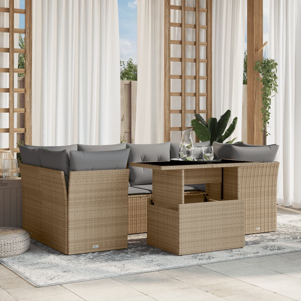 Set Divani da Giardino 7 pz con Cuscini Beige in Polyrattan | homemem39