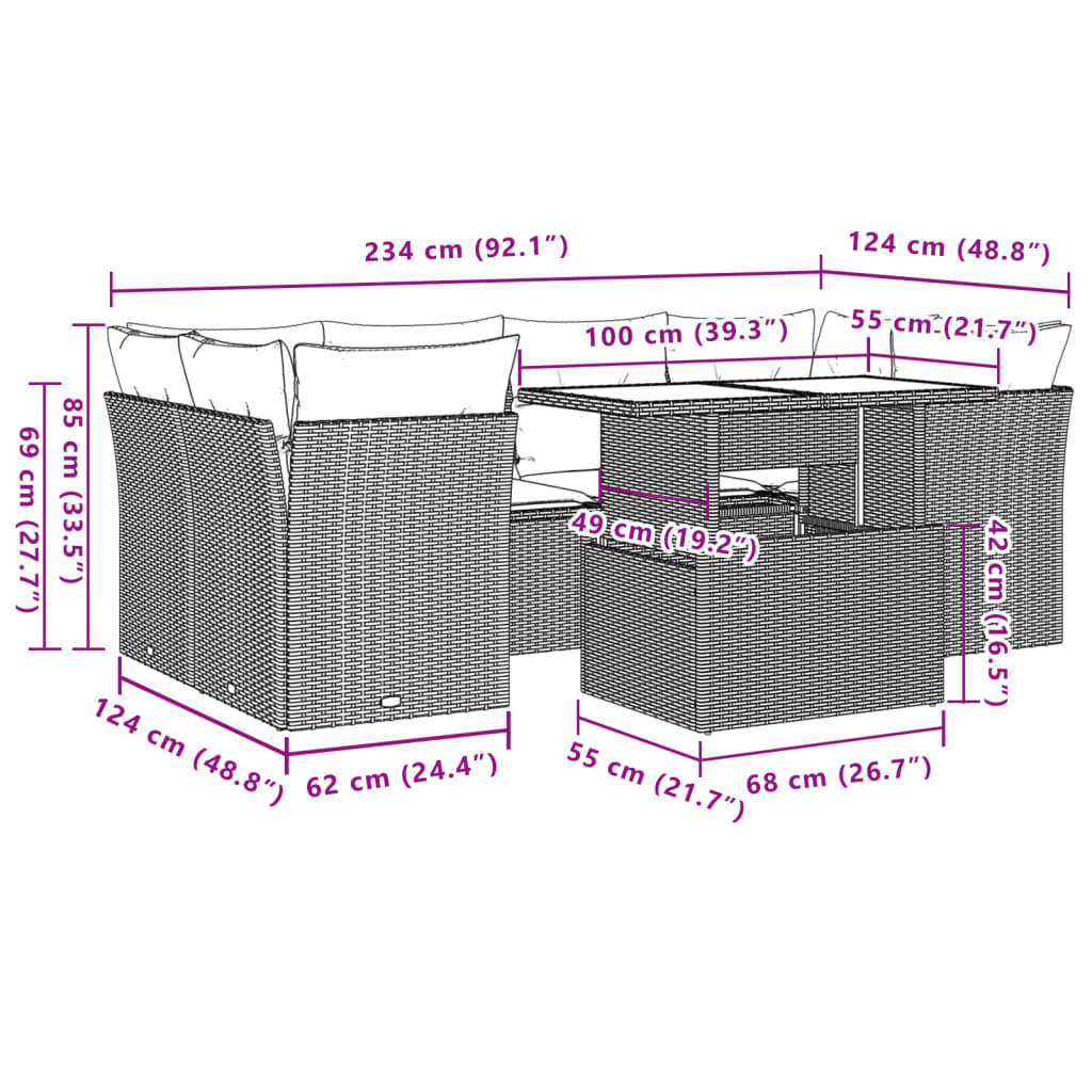 Set Divani da Giardino 7 pz con Cuscini Grigio in Polyrattan | homemem39