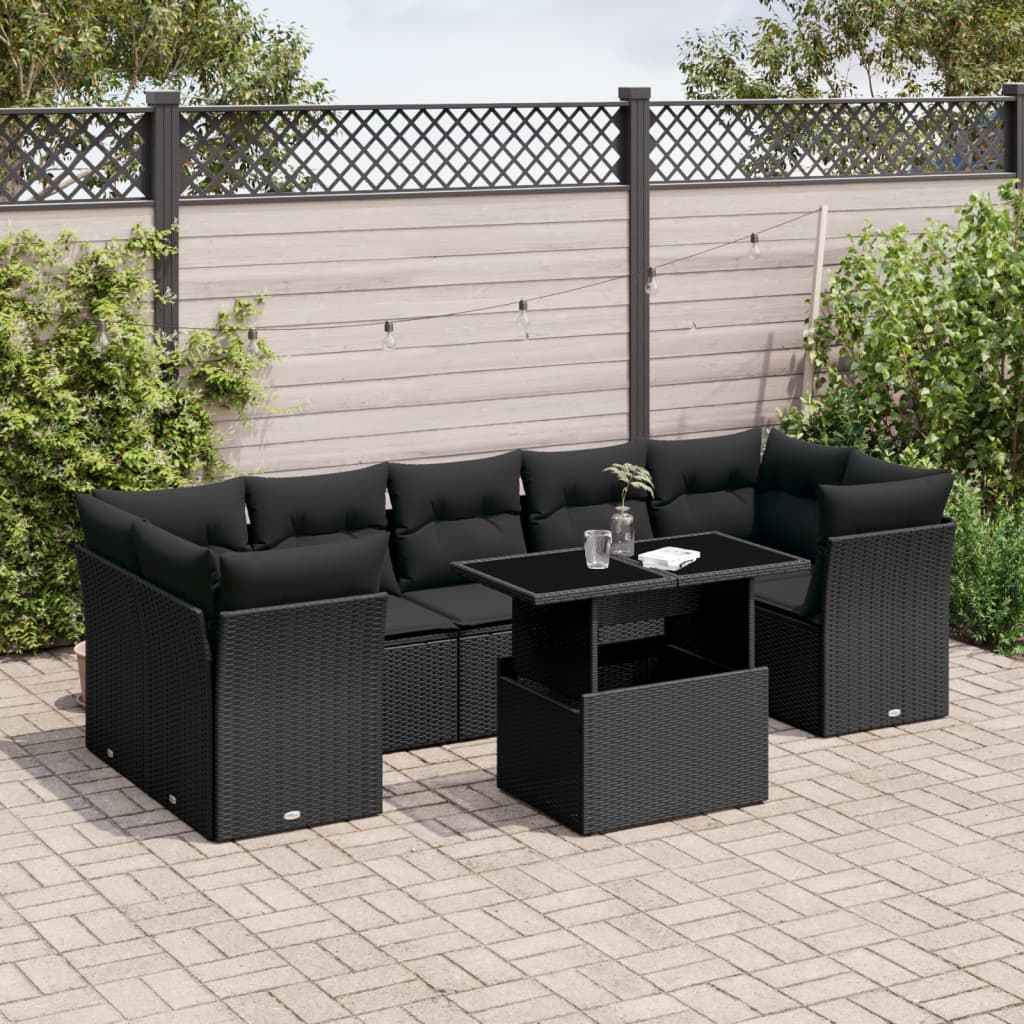 Set Divani da Giardino con Cuscini 8 pz Nero in Polyrattan - homemem39