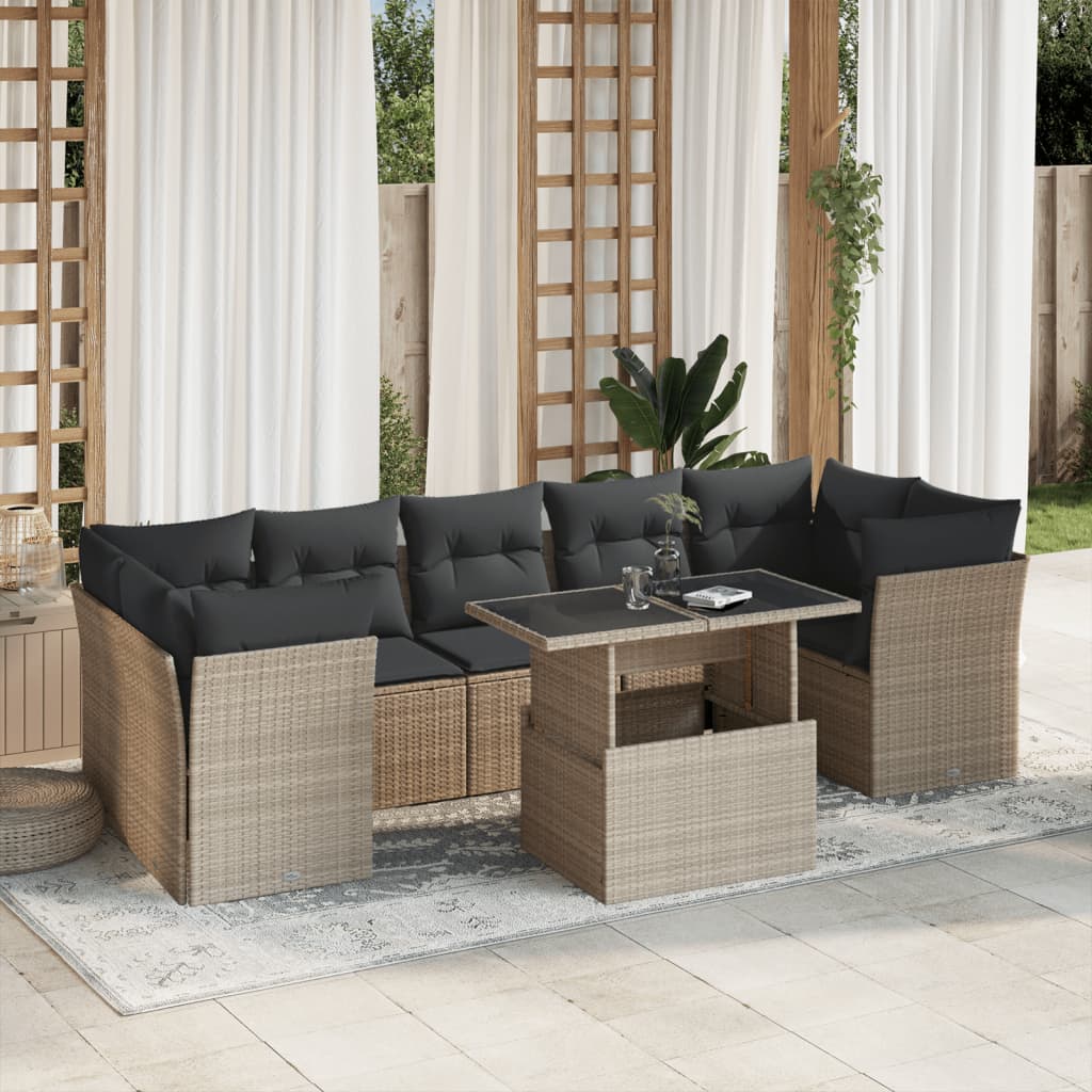 Set Divano da Giardino 8pz con Cuscini Grigio Chiaro Polyrattan