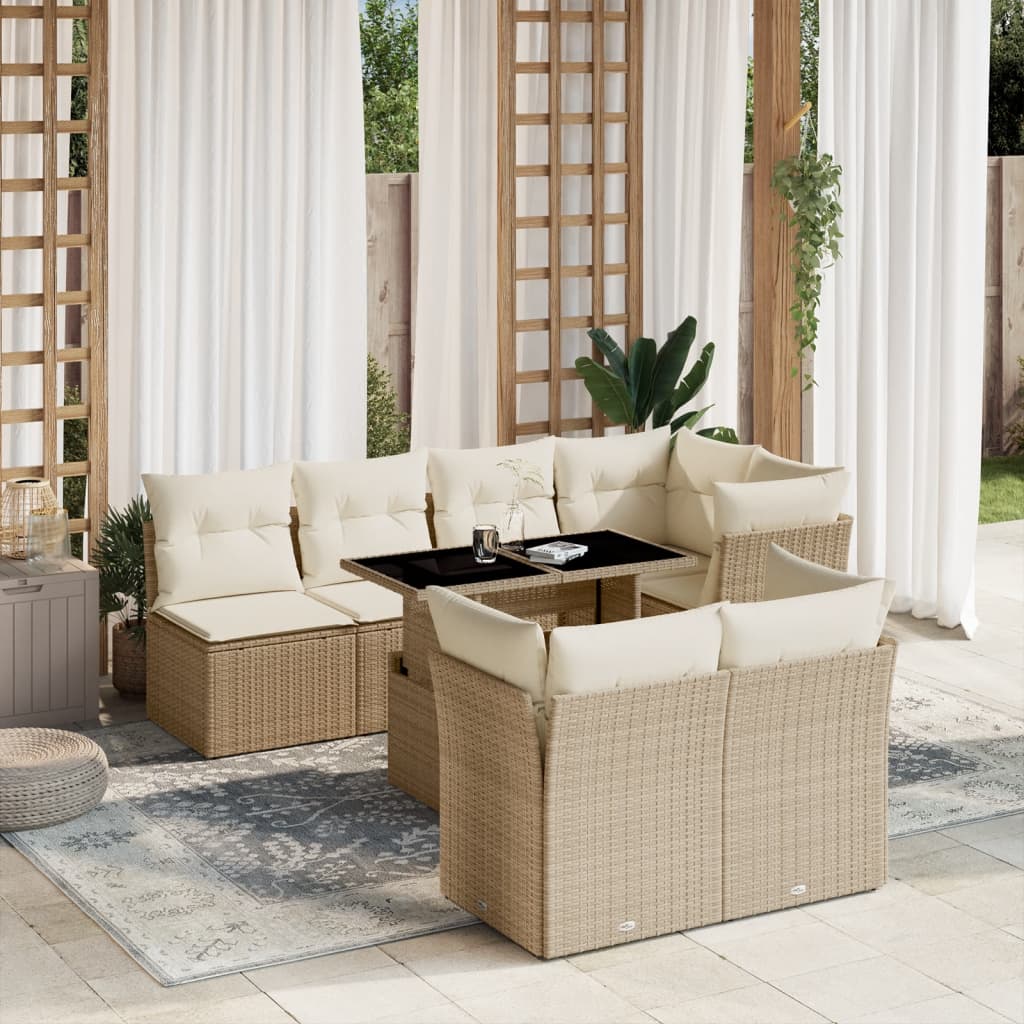Set Divano da Giardino 8 pz con Cuscini Beige in Polyrattan