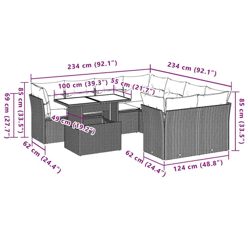Set Divani da Giardino 9 pz con Cuscini Nero in Polyrattan | homemem39