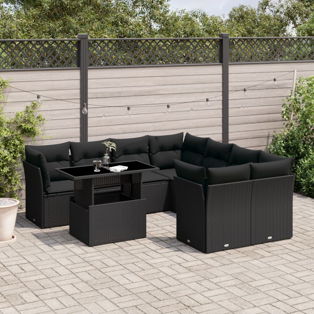 Set Divani da Giardino 9 pz con Cuscini Nero in Polyrattan - homemem39