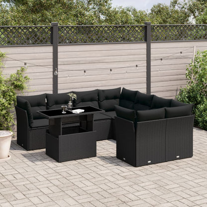 Set Divani da Giardino 9 pz con Cuscini Nero in Polyrattan - homemem39