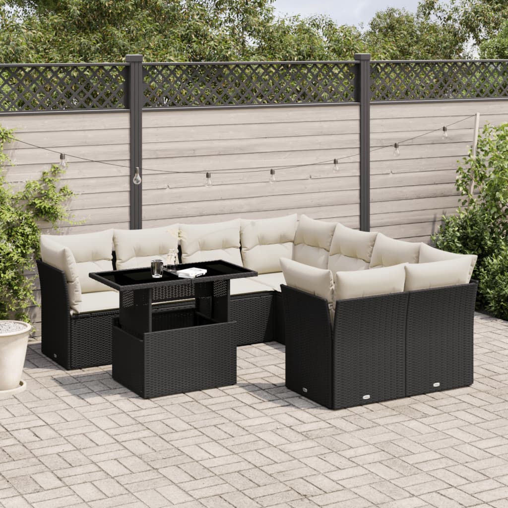 Set Divani da Giardino 9 pz con Cuscini Nero in Polyrattan - homemem39