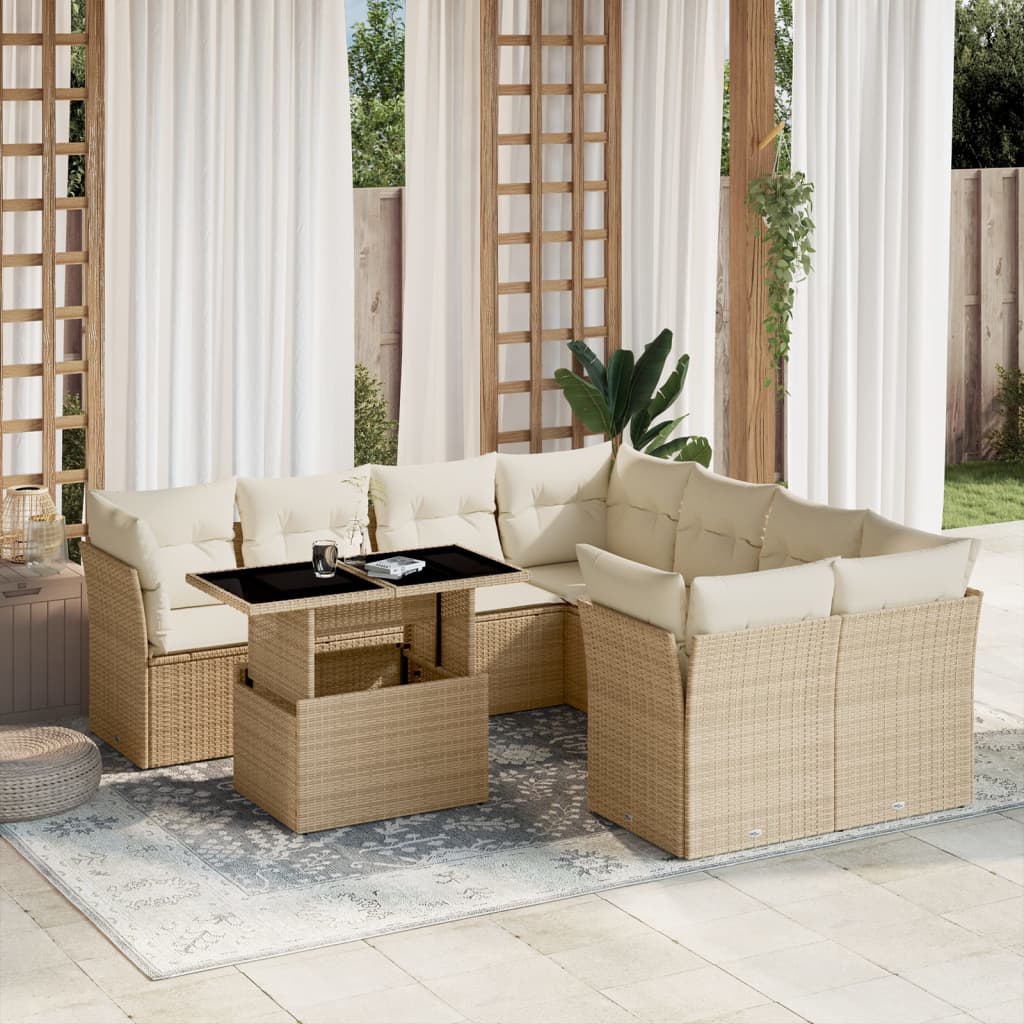 Set Divano da Giardino 9 pz con Cuscini Beige in Polyrattan | homemem39