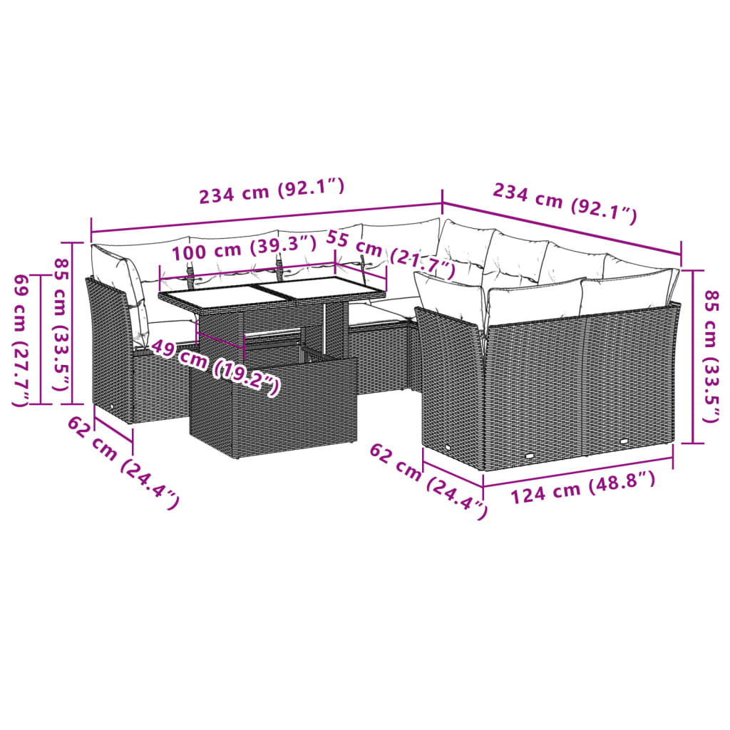 Set Divano da Giardino 9 pz con Cuscini Grigio in Polyrattan | homemem39