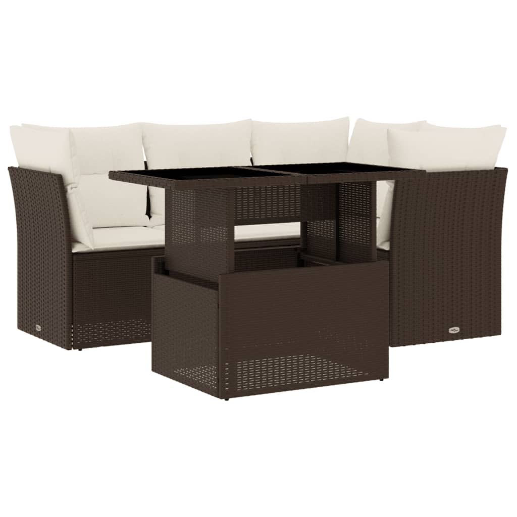 Set Divano da Giardino 5 pz con Cuscini Marrone in Polyrattan - homemem39