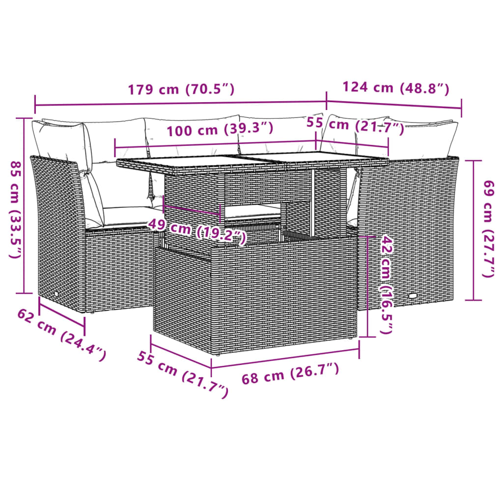 Set Divano da Giardino 5 pz con Cuscini Marrone in Polyrattan | homemem39