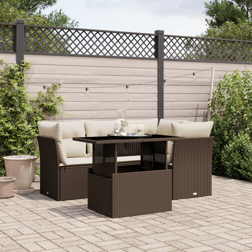 Set Divano da Giardino 5 pz con Cuscini Marrone in Polyrattan | homemem39