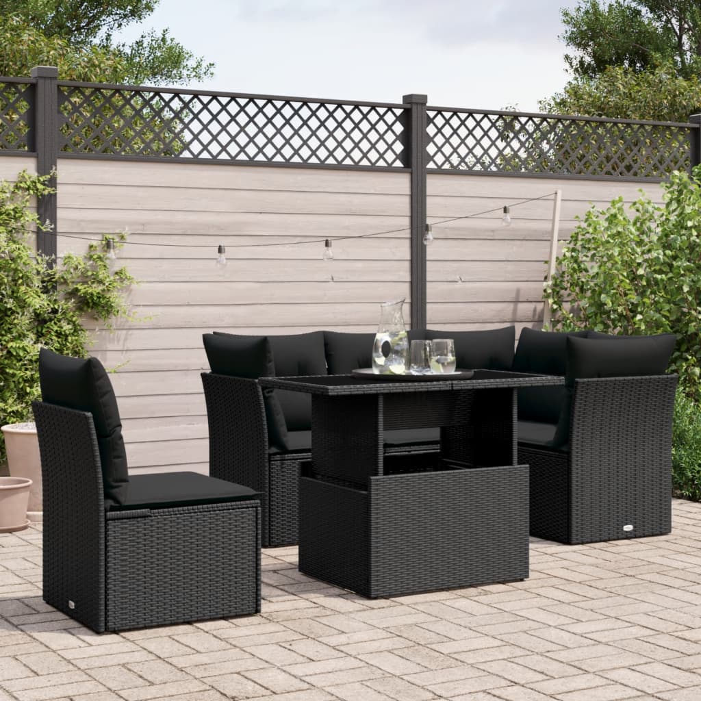 Set Divano da Giardino 6 pz con Cuscini Nero in Polyrattan - homemem39