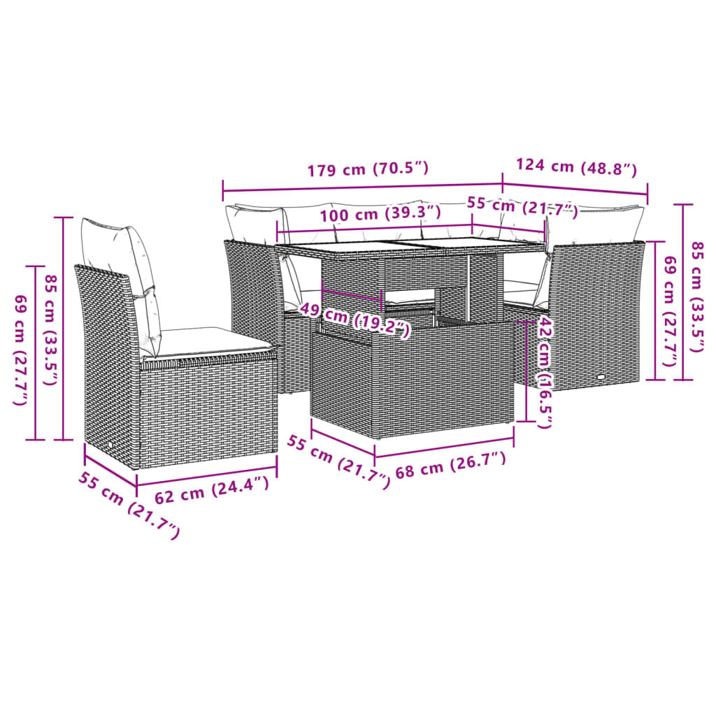 Set Divano da Giardino 6 pz con Cuscini Marrone in Polyrattan | homemem39