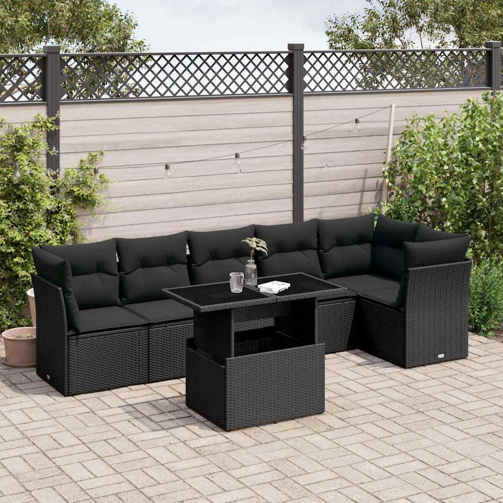 Set Divani da Giardino con Cuscini 7pz Nero Polyrattan | homemem39