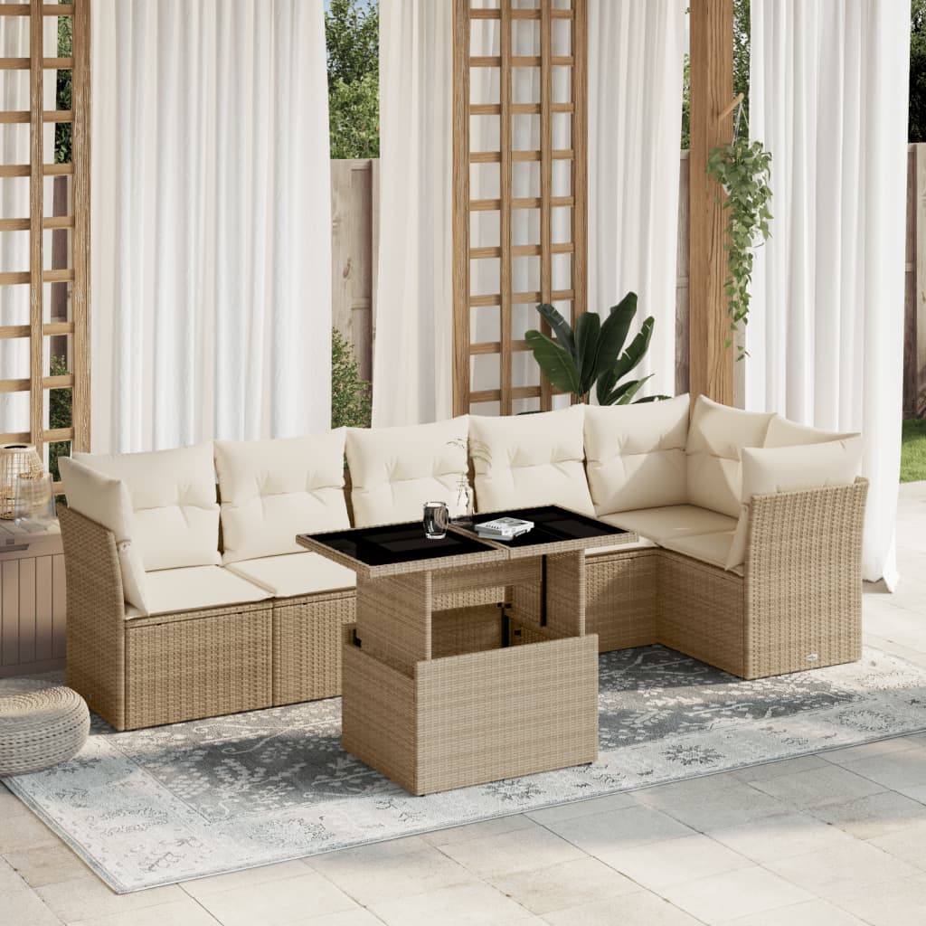 Set Divani da Giardino 7 pz con Cuscini Beige in Polyrattan | homemem39