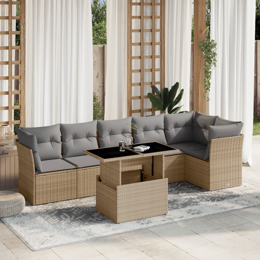 Set Divani da Giardino 7 pz con Cuscini Beige in Polyrattan | homemem39