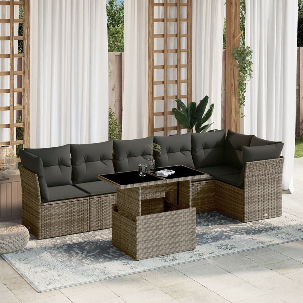 Set Divani da Giardino 7 pz con Cuscini Grigio in Polyrattan | homemem39
