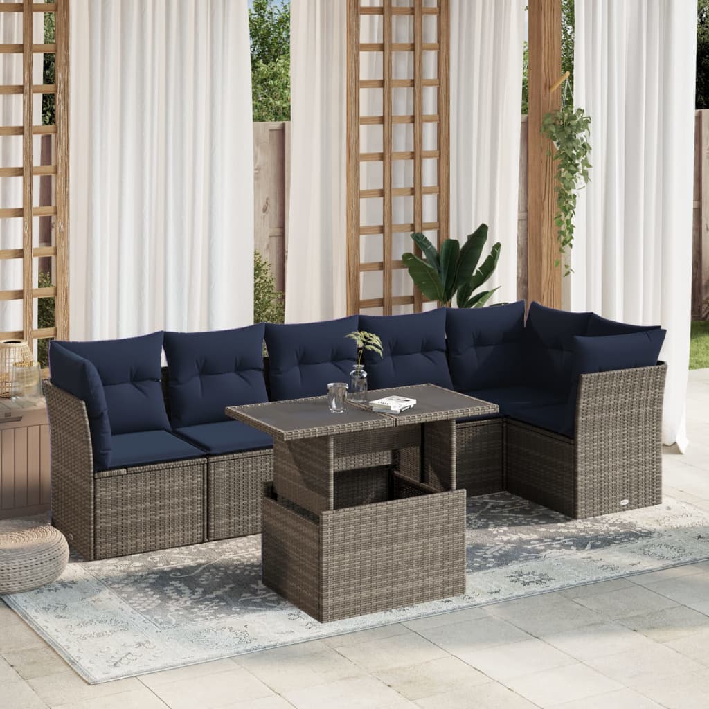 Set Divani da Giardino 7 pz con Cuscini Grigio in Polyrattan