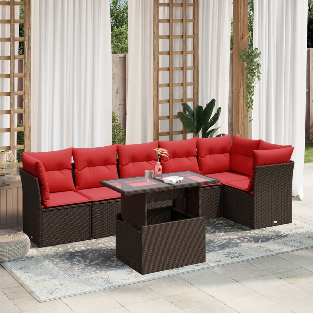 Set Divani da Giardino 7 pz con Cuscini Marrone in Polyrattan