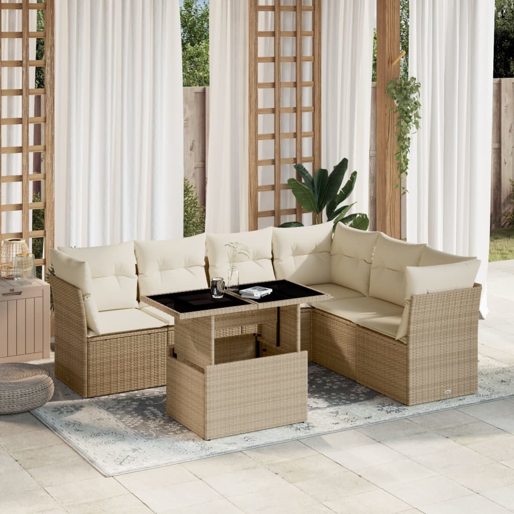 Set Divani da Giardino 7 pz con Cuscini Beige in Polyrattan - homemem39