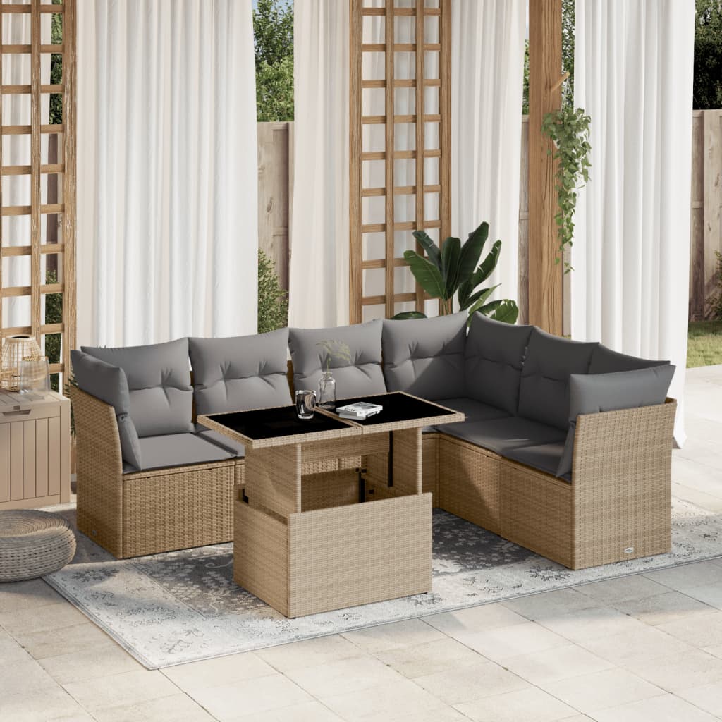 Set Divani da Giardino 7 pz con Cuscini Beige in Polyrattan | homemem39