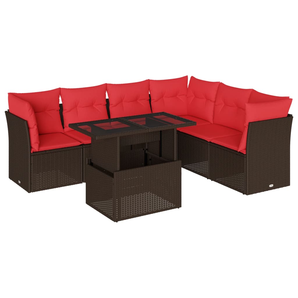 Set Divani da Giardino 7 pz con Cuscini Marrone in Polyrattan
