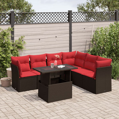 Set Divani da Giardino 7 pz con Cuscini Marrone in Polyrattan