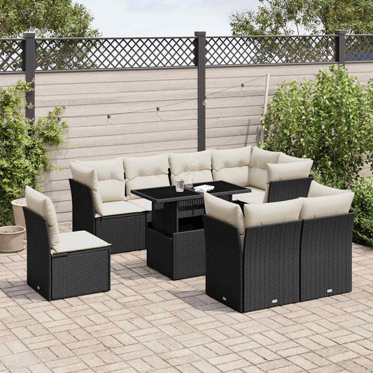 Set Divani da Giardino 9 pz con Cuscini Nero in Polyrattan - homemem39
