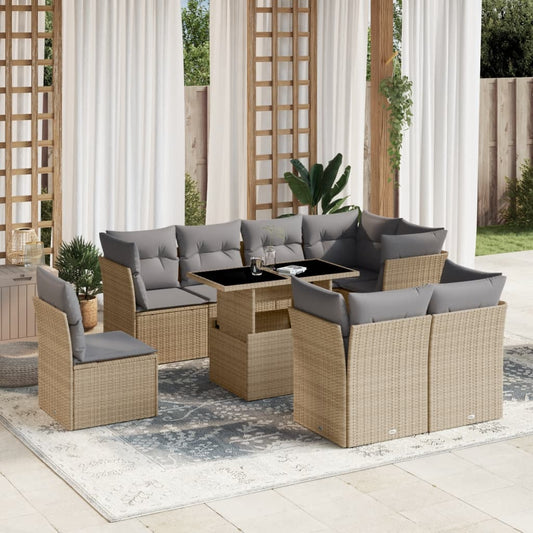 Set Divano da Giardino 9 pz con Cuscini Beige in Polyrattan - homemem39