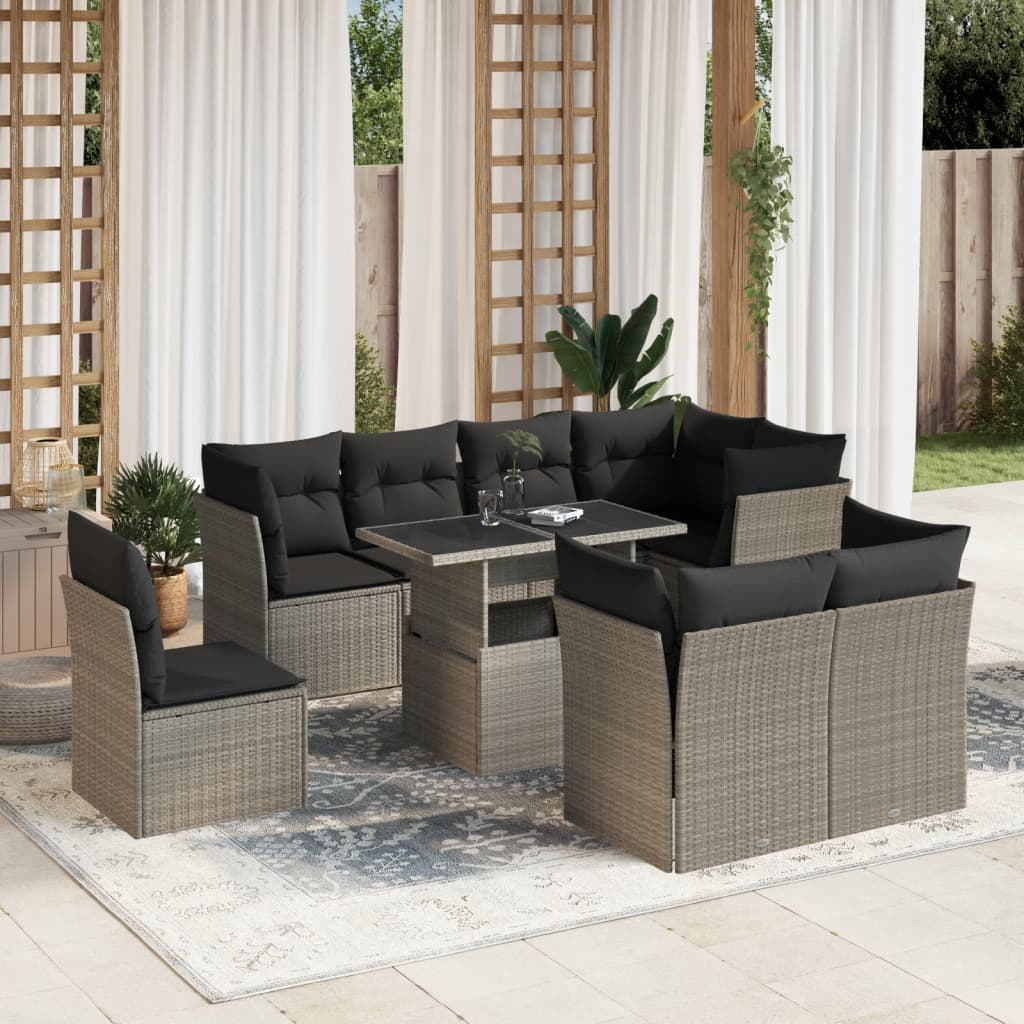 Set Divano da Giardino 9pz con Cuscini Grigio Chiaro Polyrattan - homemem39