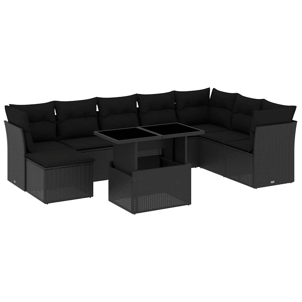 Set Divani da Giardino 9 pz con Cuscini Nero in Polyrattan | homemem39