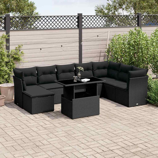 Set Divani da Giardino 9 pz con Cuscini Nero in Polyrattan - homemem39