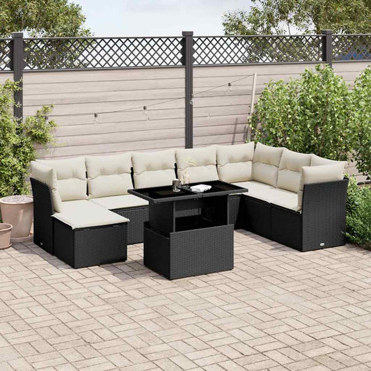 Set Divani da Giardino 9 pz con Cuscini Nero in Polyrattan - homemem39