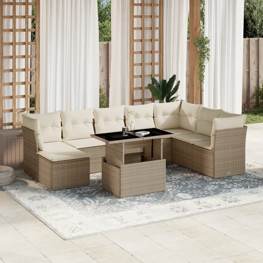 Set Divano da Giardino 9 pz con Cuscini Beige in Polyrattan