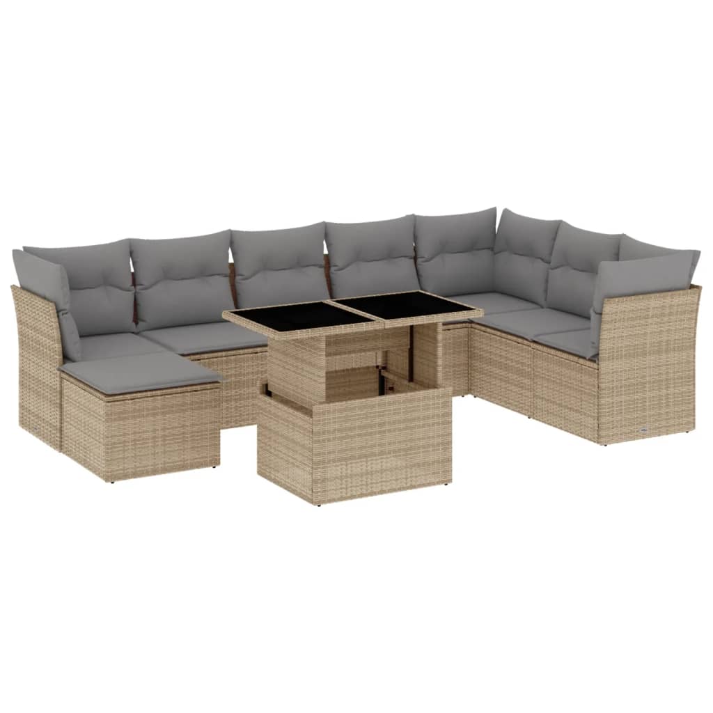 Set Divano da Giardino 9 pz con Cuscini Beige in Polyrattan - homemem39