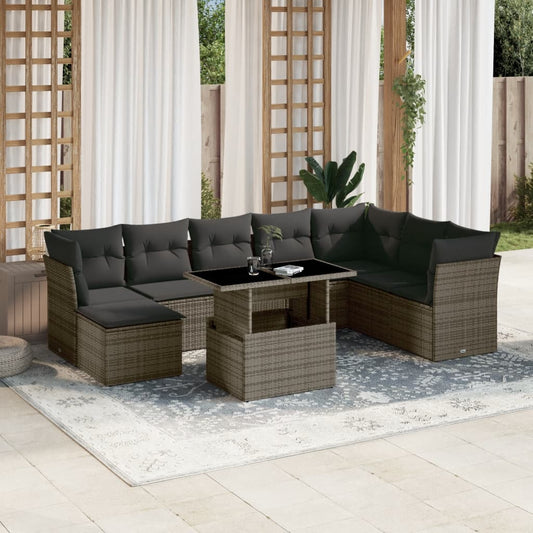 Set Divano da Giardino 9 pz con Cuscini Grigio in Polyrattan - homemem39