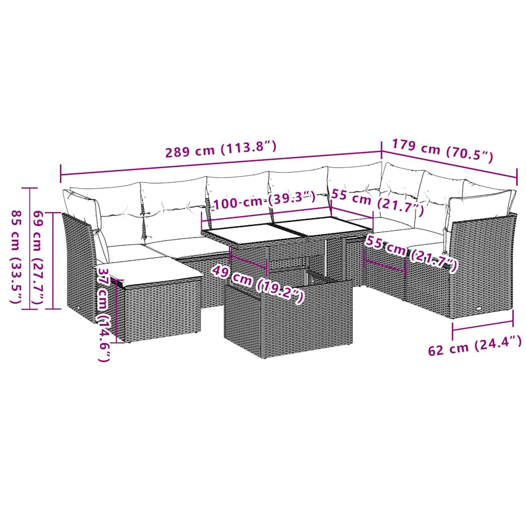 Set Divani da Giardino 9 pz con Cuscini Grigio in Polyrattan | homemem39