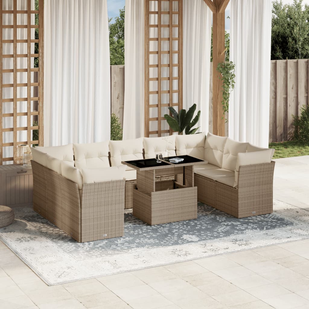 Set Divano da Giardino 10 pz con Cuscini Beige in Polyrattan - homemem39