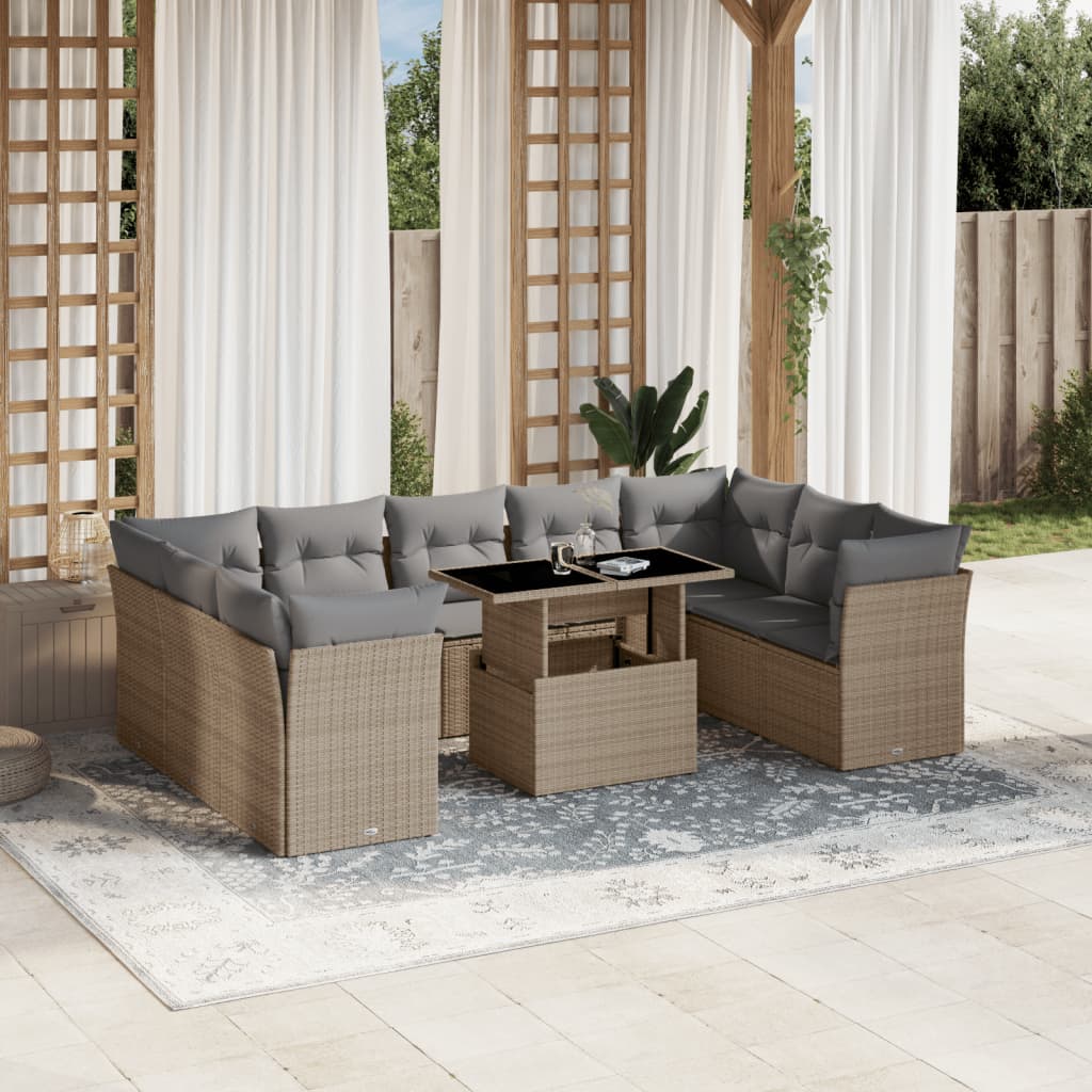 Set Divano da Giardino 10 pz con Cuscini Beige in Polyrattan - homemem39