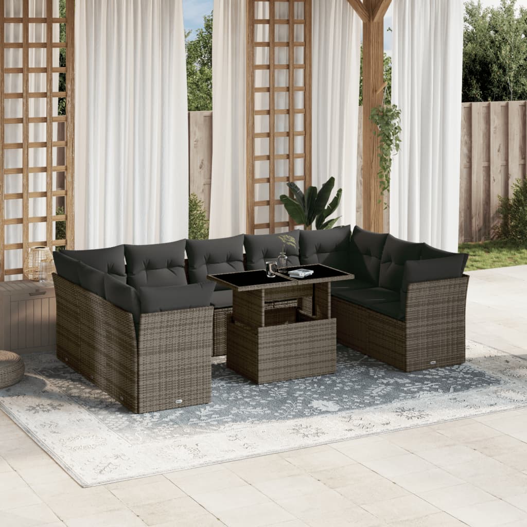 Set Divano da Giardino 10 pz con Cuscini Grigio in Polyrattan | homemem39
