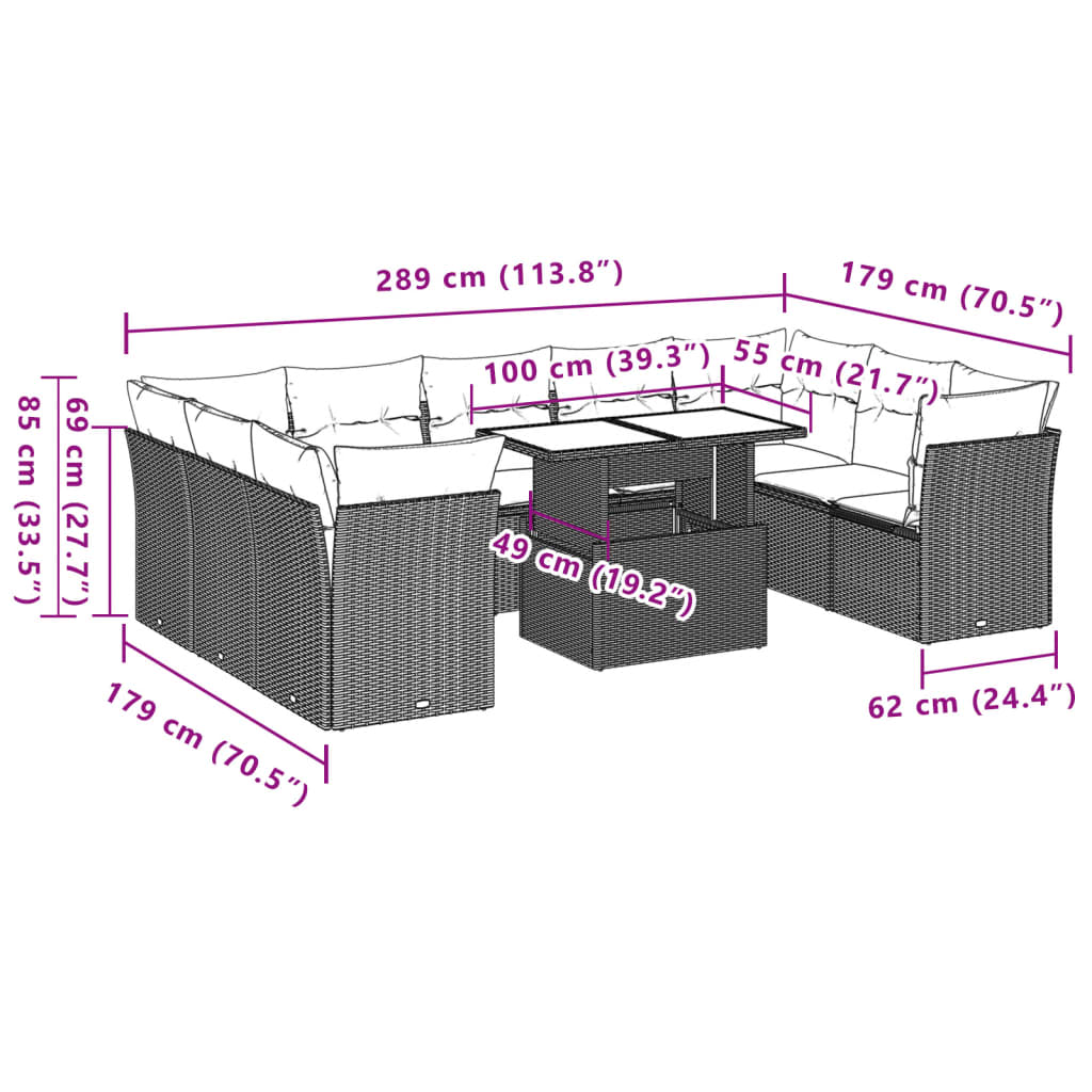 Set Divani da Giardino 10 pz con Cuscini Grigio in Polyrattan | homemem39