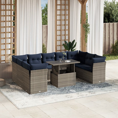 Set Divani da Giardino 10 pz con Cuscini Grigio in Polyrattan | homemem39