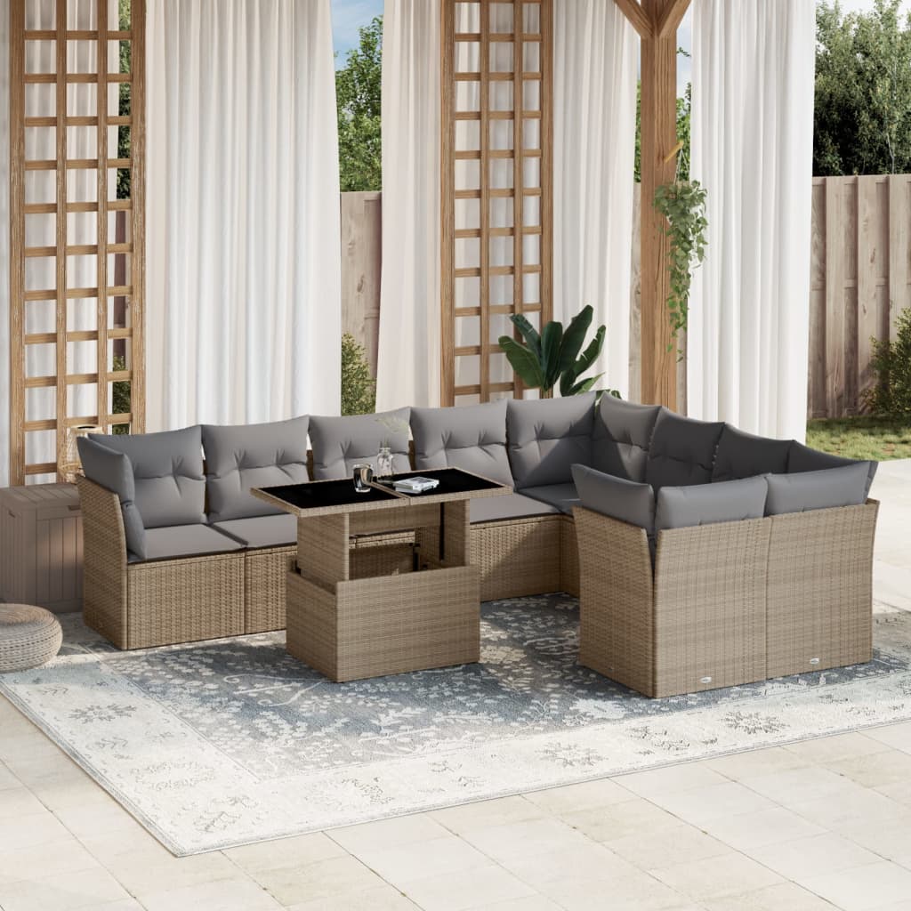 Set Divano da Giardino 10 pz con Cuscini Beige in Polyrattan | homemem39