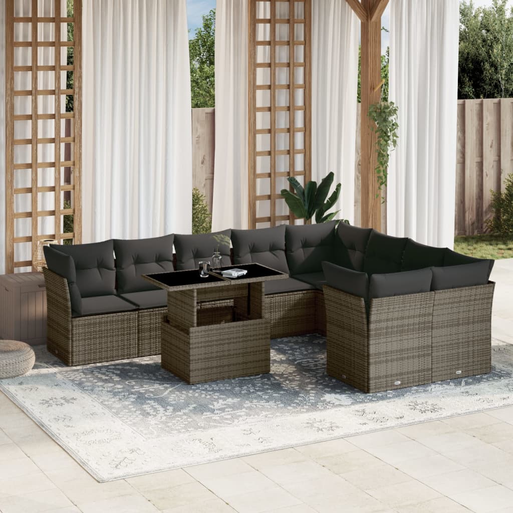 Set Divano da Giardino 10 pz con Cuscini Grigio in Polyrattan - homemem39