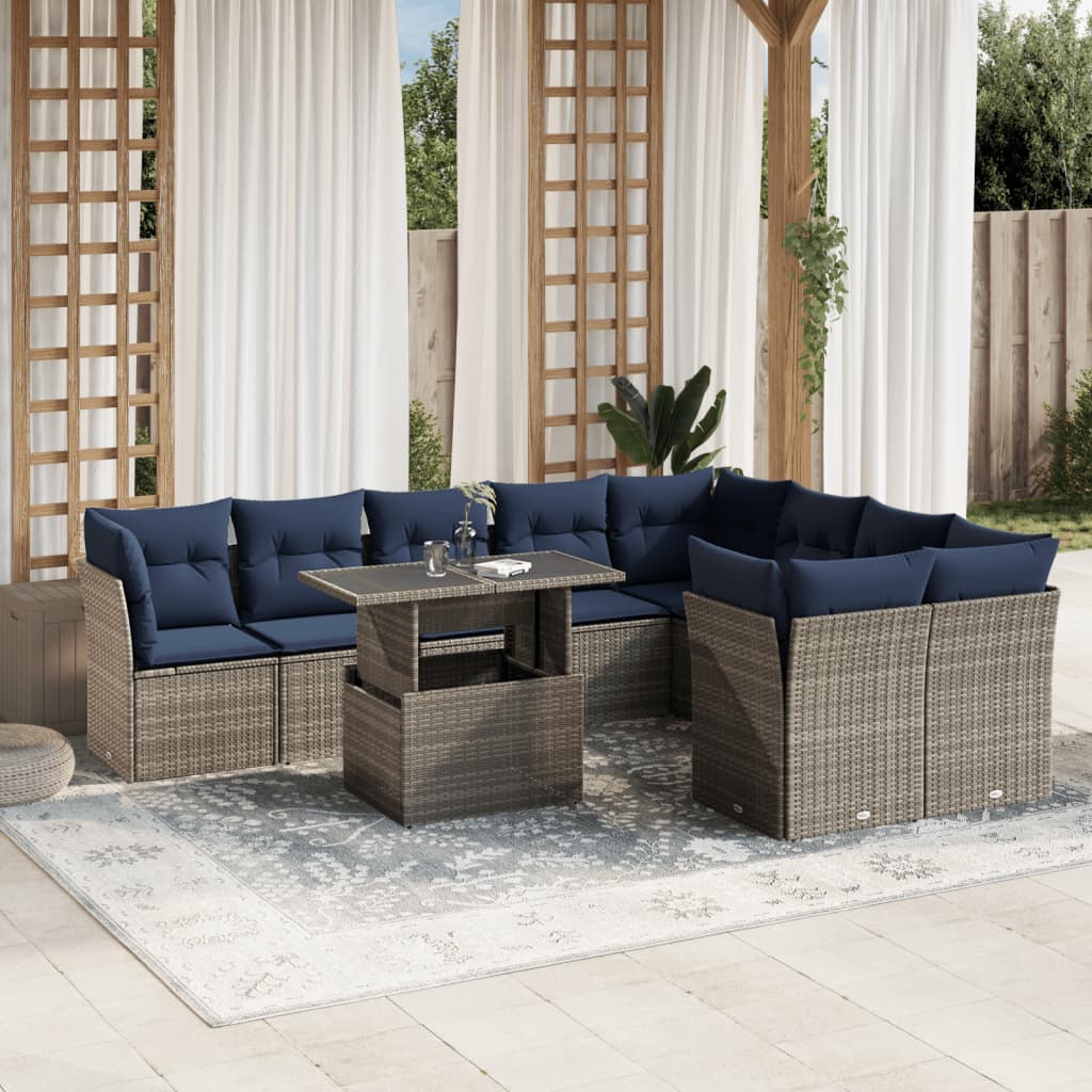Set Divani da Giardino 10 pz con Cuscini Grigio in Polyrattan | homemem39