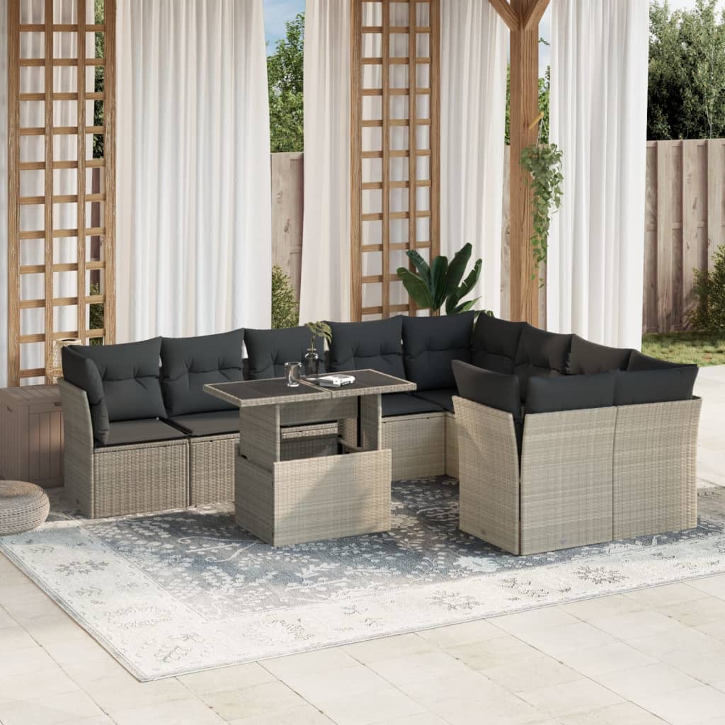 Set Divano Giardino 10 pz con Cuscini Grigio Chiaro Polyrattan - homemem39