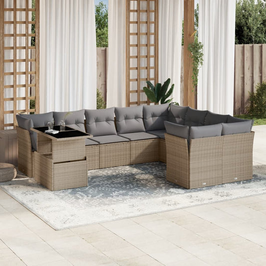 Set Divano da Giardino 10 pz con Cuscini Beige in Polyrattan - homemem39