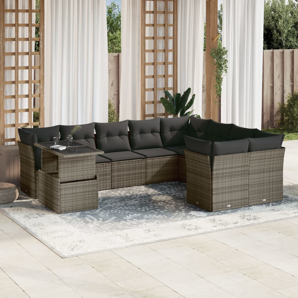 Set Divano da Giardino 10 pz con Cuscini Grigio in Polyrattan - homemem39