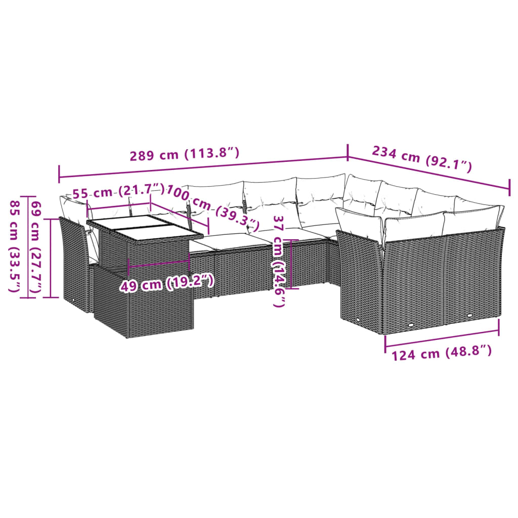 Set Divani da Giardino 10 pz con Cuscini Grigio in Polyrattan | homemem39