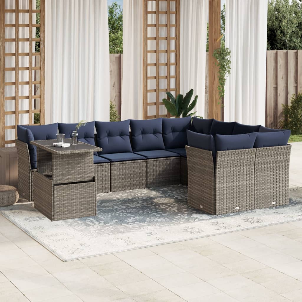 Set Divani da Giardino 10 pz con Cuscini Grigio in Polyrattan | homemem39